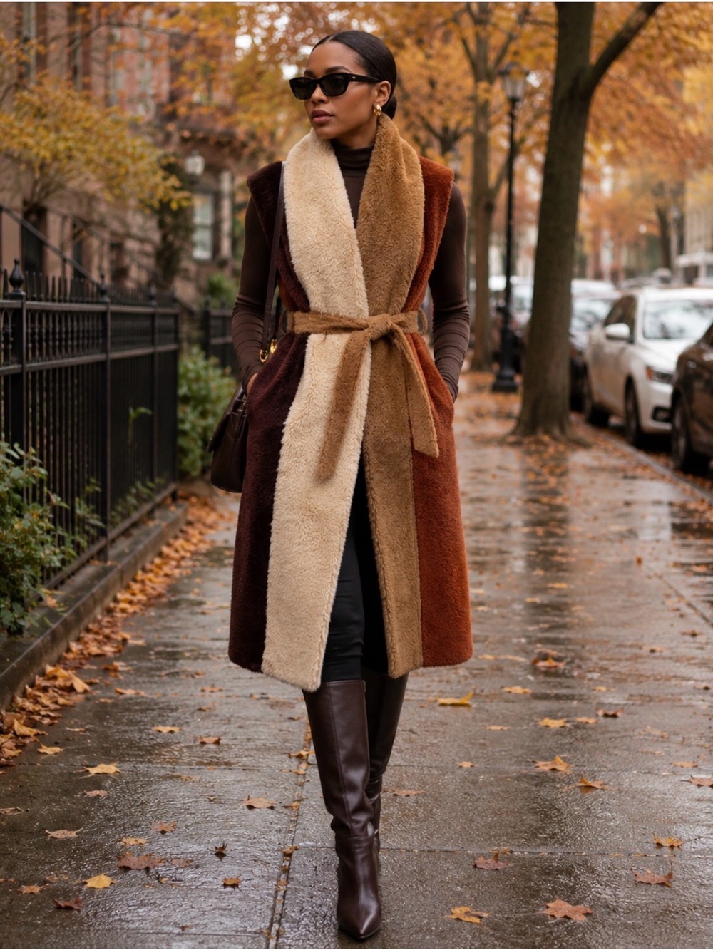 Thakoon Multi-Panel Faux Fur Belted Vest in Cream, Brown & Rust